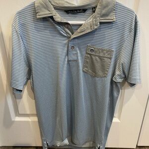 Travis Mathew Blue and Gray Striped Polo with Contrast Pocket